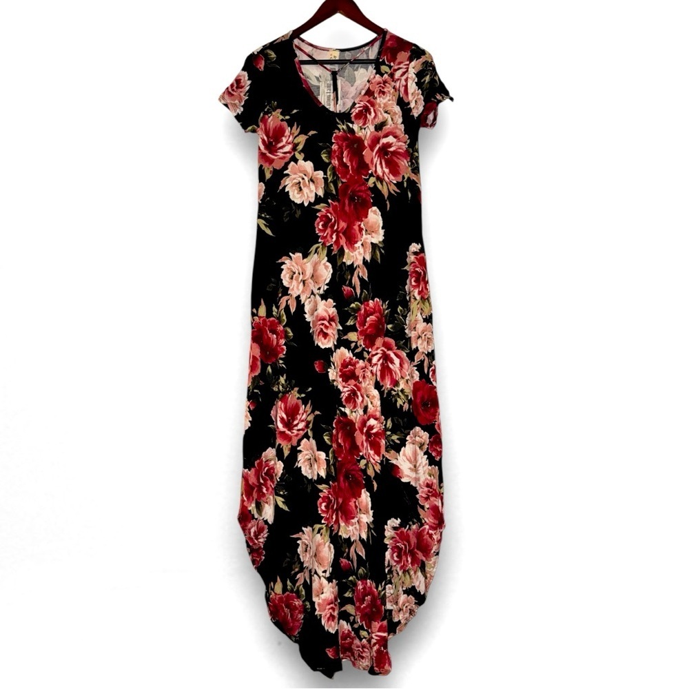 7th Ray Floral Maxi Dress Watercolor Roses Black Red Pink Small Boho Country - Picture 4 of 11